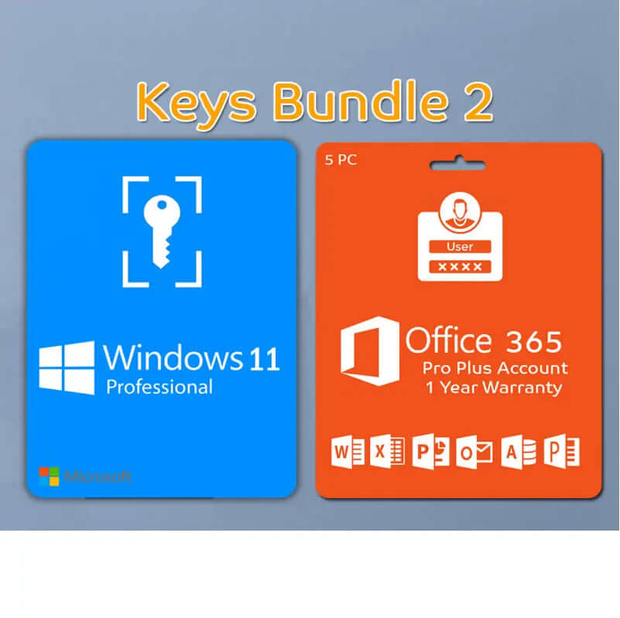 Image of Windows 11 Professional and Office 365 Pro Plus license keys bundle for 5 PCs.