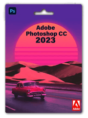 Adobe Photoshop CC 2023 packaging featuring a pink sunset and vintage car, highlighting one-time purchase option.