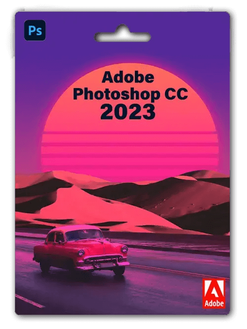 Adobe Photoshop CC 2023 packaging featuring a pink sunset and vintage car, highlighting one-time purchase option.