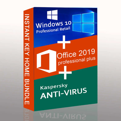 Windows 10 Pro, Office 2019 Pro Plus, and Kaspersky Antivirus 2021 bundle package for PCs.