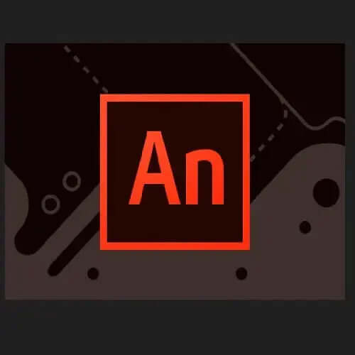 Adobe Animate logo on a dark background, representing the 2023 full version for creating animations and videos.