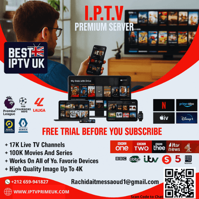 Person using IPTV service displaying channels and devices, featuring a 'Free Trial' offer and highlights of content availability.